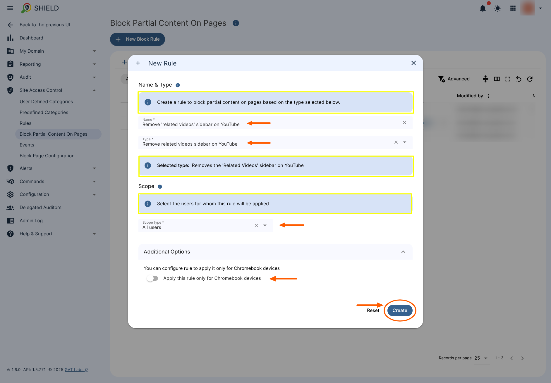 “GAT Shield interface for creating a new Block Partial Content rule. The 'Remove related videos sidebar on YouTube' type is selected, with scope set to 'All users.' The 'Apply this rule only for Chromebook devices' toggle is shown, and the 'Create' button is highlighted.”