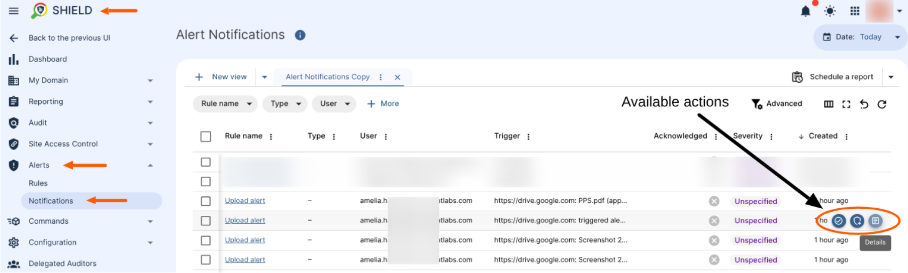 GAT Shield Alert Notifications tab showing a list of triggered “Upload alert” rules, including rule names, user emails, trigger details, and severity levels. The right-hand side highlights available actions such as acknowledge, view details, and copy information.