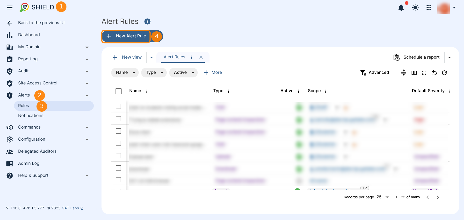 this screenshot is showing the GAT Shield web application alert rules configuration section, displaying what button to click to create a new rule