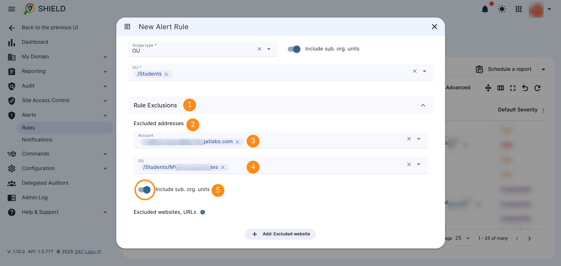 GAT Shield Rule Exclusion Window with the option to exclude any given user, OU, and/or its sub.OUs
