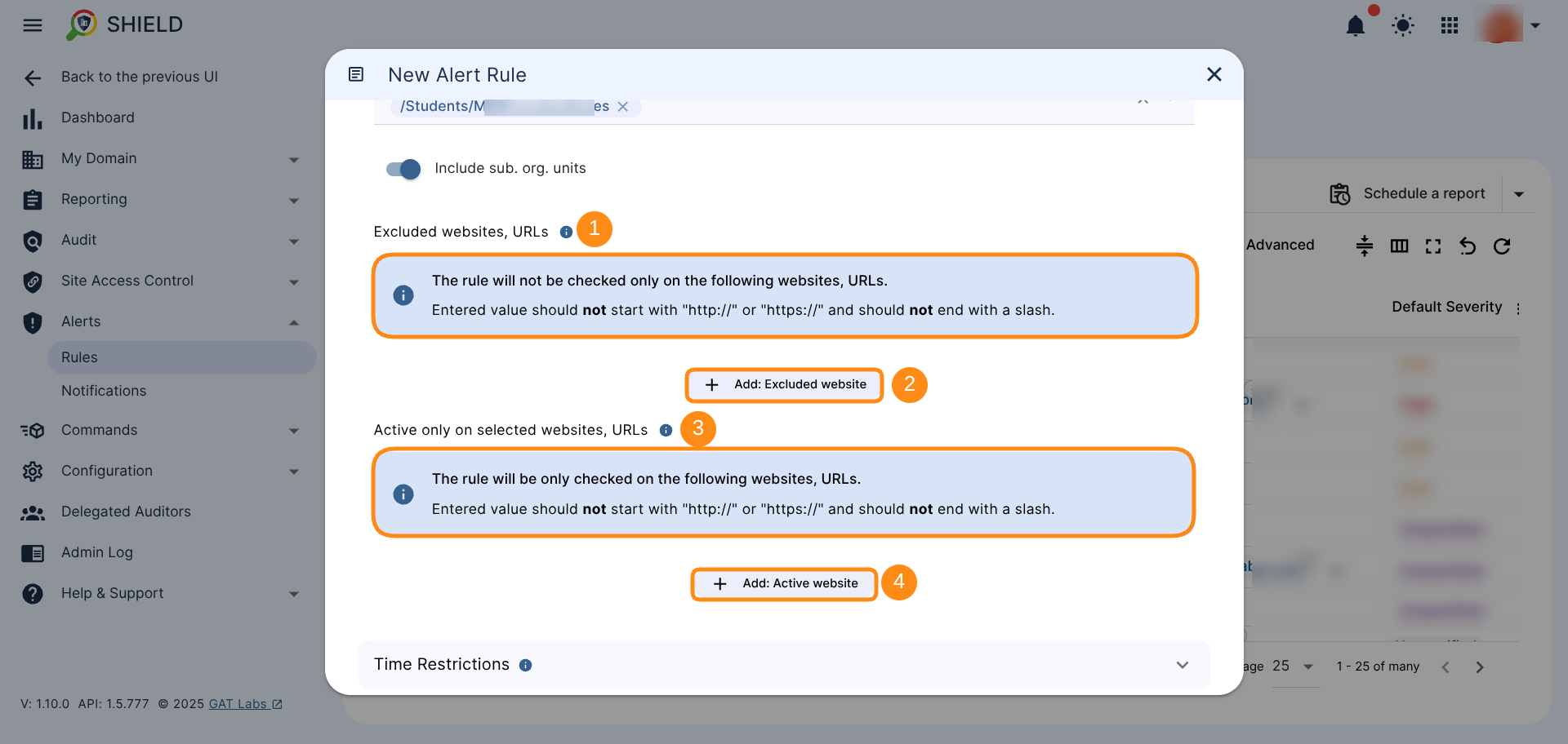 GAT Shield Rule Exclusion Window with the option to exclude any given websites or activate the rule only on the selected website