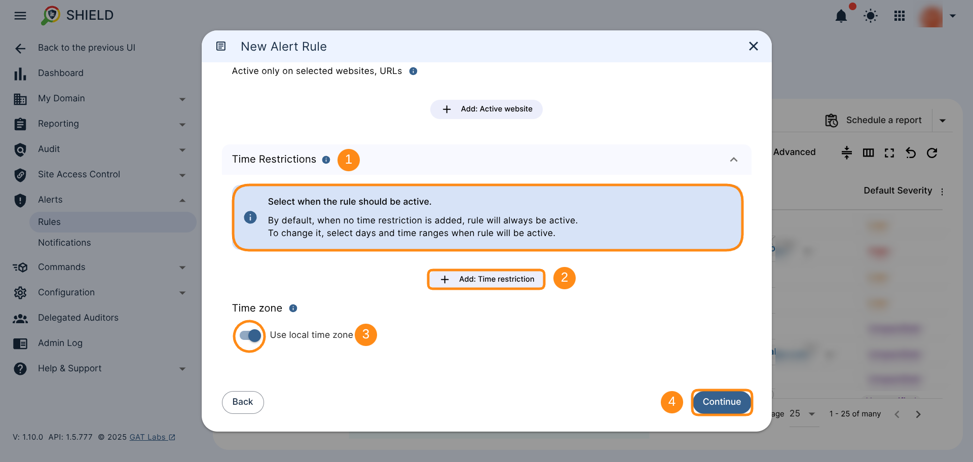 GAT Shield Additional Rules Settings Time Restrictions, showing a button to be able to add time restriction and also to use Local Time Zone as a toggle. 