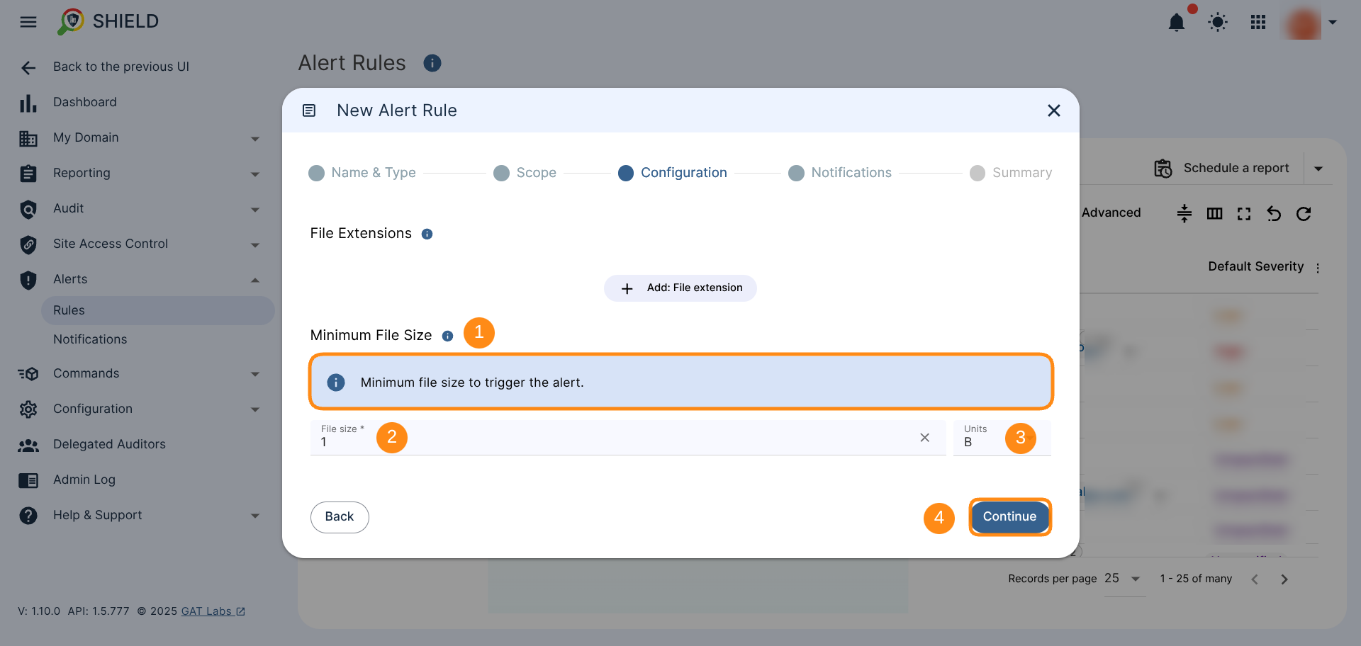 Step to set minimum file size to trigger the alert (you can change the unit and its value as needed). 1 B by default.