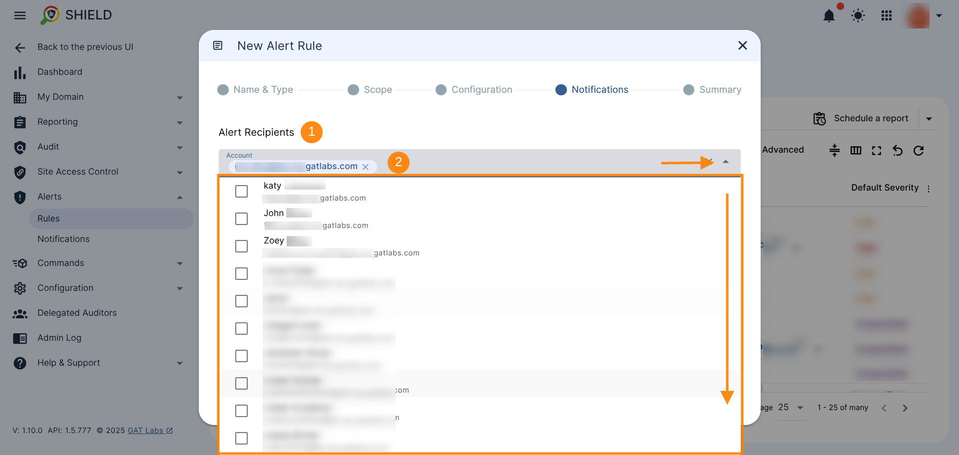 New Alert Rule configuration screen showing the Notifications step, where alert recipients can be selected from a list of user email addresses. By default, an alert creator is listed as an alert Recipient.