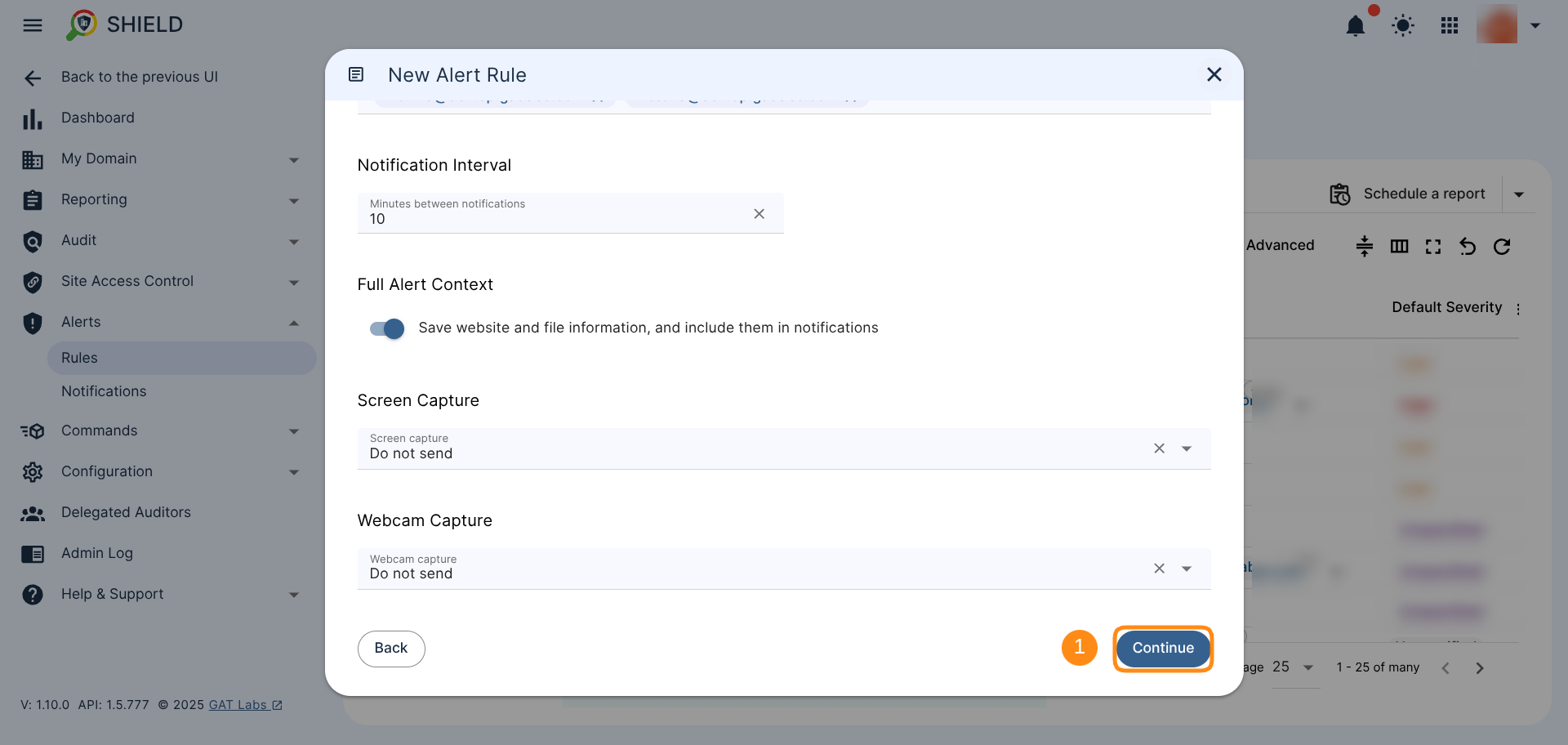 The Continue button to move to the Summary, the final configuration section.