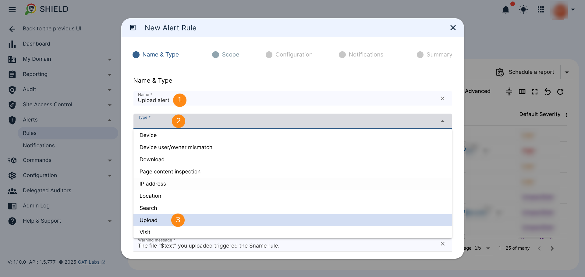 New Alert Rule window in GAT Shield, with 'Upload Alert' name and 'Upload' selected as alert type