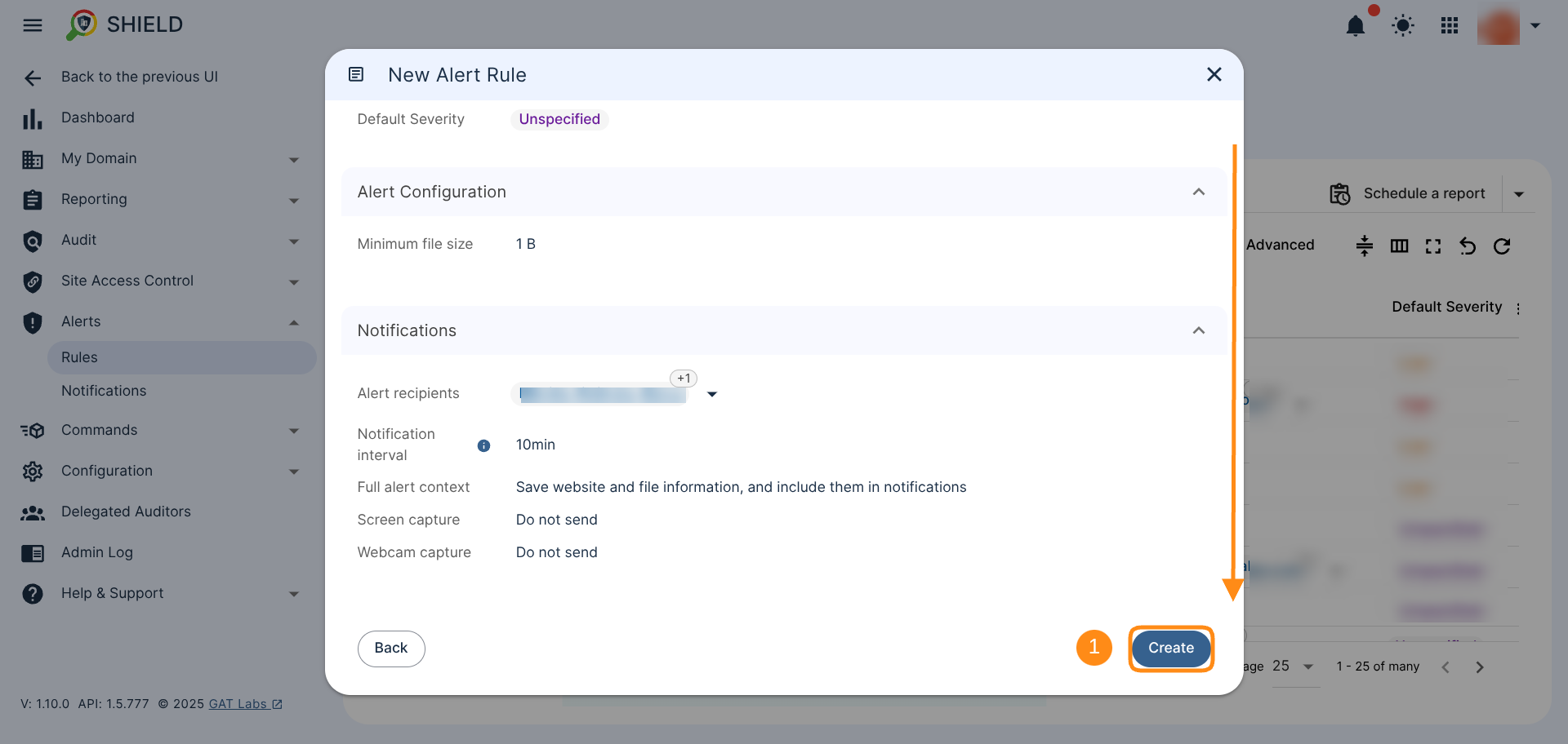The Summary window, the final step in creating a new GAT Shield alert rule where all the settings can be reviewed. Scroll down the Summary window to review the entire configuration. The bottom of the Summary window shows the Create button to finalize the configuration process.
