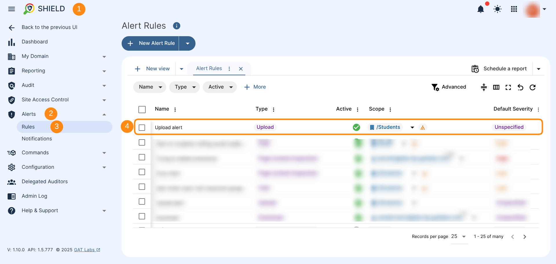 Alert Rules dashboard in GAT Shield displaying a newly created "Upload alert" rule, with type set to "Upload", scope targeting "/Students", and default severity marked as "Unspecified". Rule is shown as active.