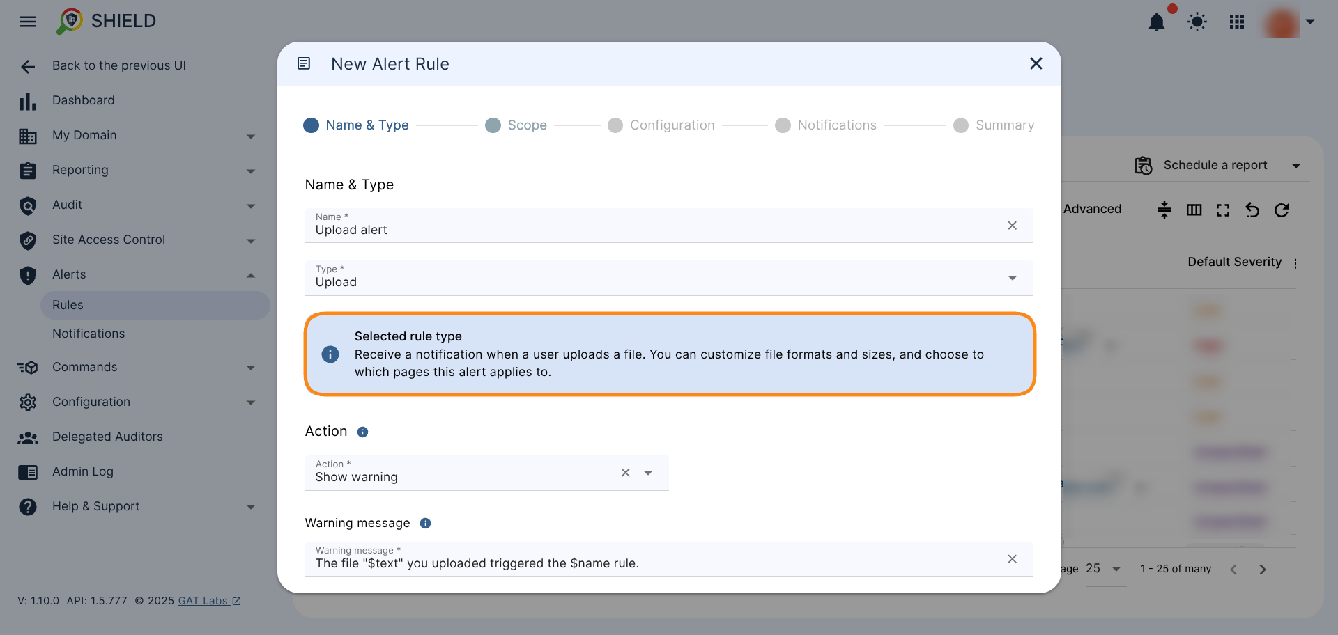GAT Shield configuration screen showing the description and purpose of the selected rule type.