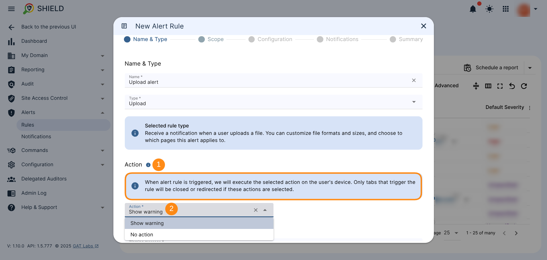 GAT Shield Alert configuration screen showing two actions available from the dropdown menu. 'Show Warning' and 'No Action'