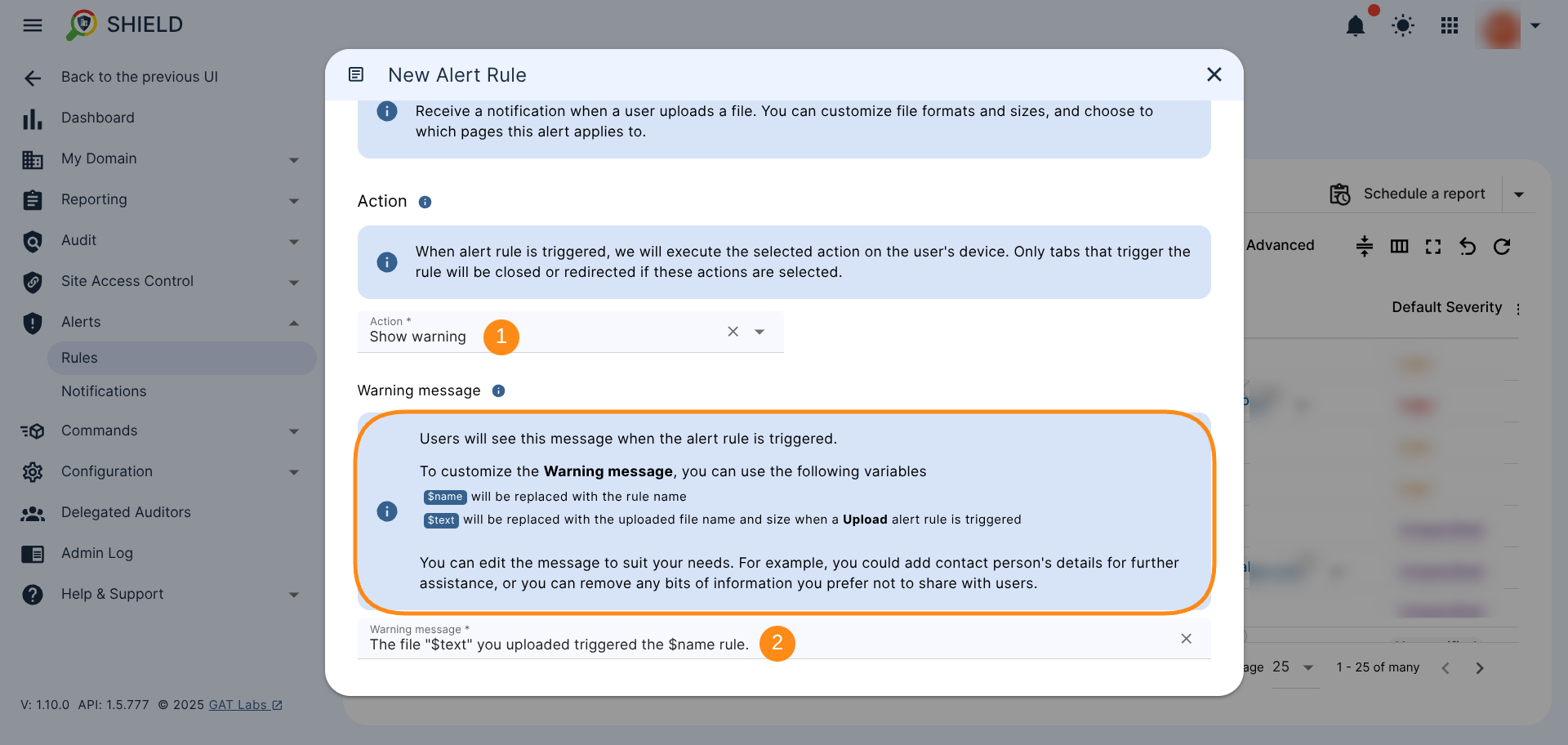 GAT Shield Action configuration screen showing “Action” settings with options for warning messages. No action, and Custom messages.