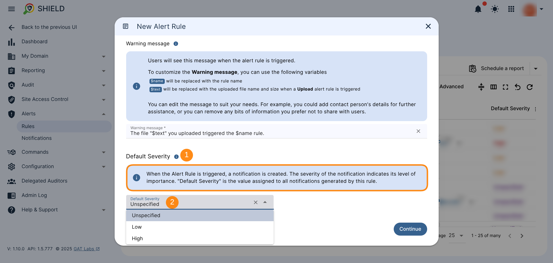 Drop-down menu in GAT Shield for selecting alert Severity with options like “Low,” “High,” and “Unspecified.”