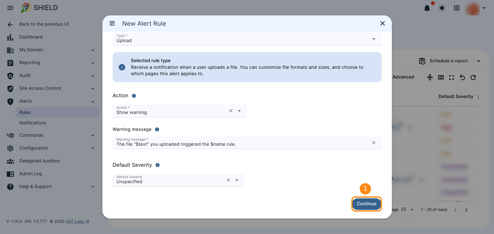 GAT Shield Alert configuration screen showing Continue button that can be clicked to move to the next configuration section.