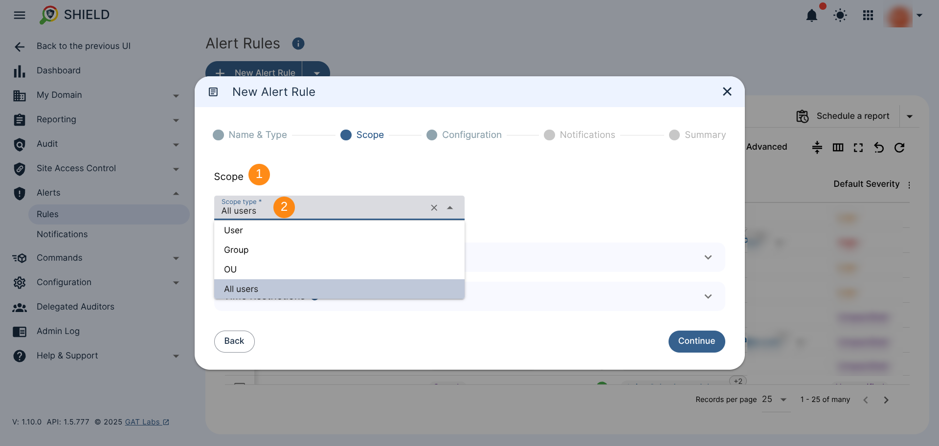 GAT Shield Scope settings with options to select User, Group, OU or All Users