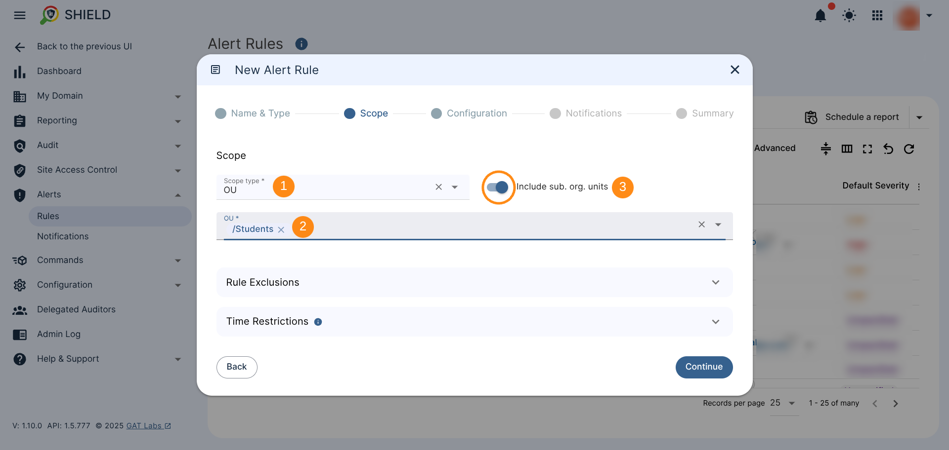 GAT Shield Scope Type showing OU and a clickable toggle to activate Sub Org Units in this case showing sub ou /Students