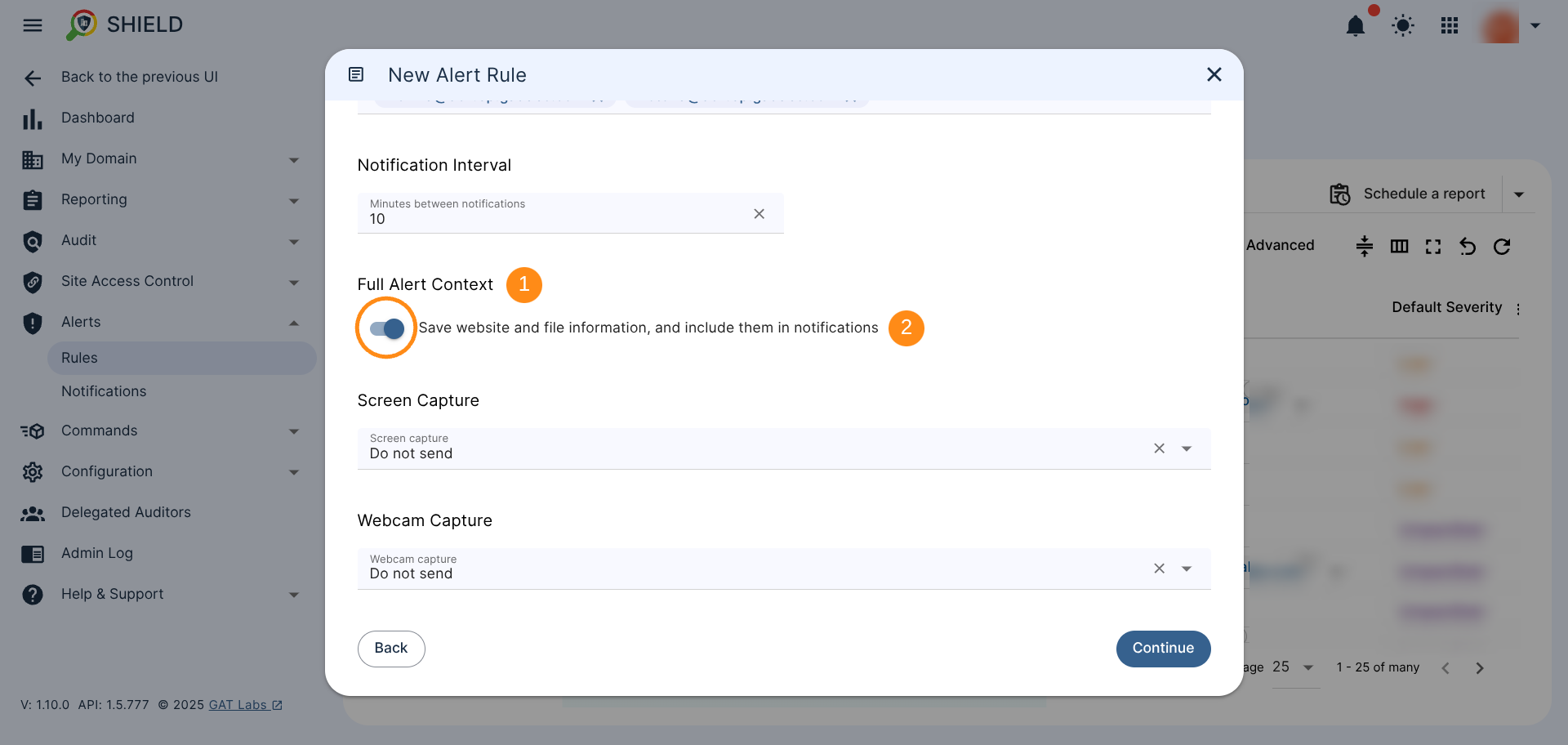 Full Alert Context option with 'toggle button' Active to Save website and file information