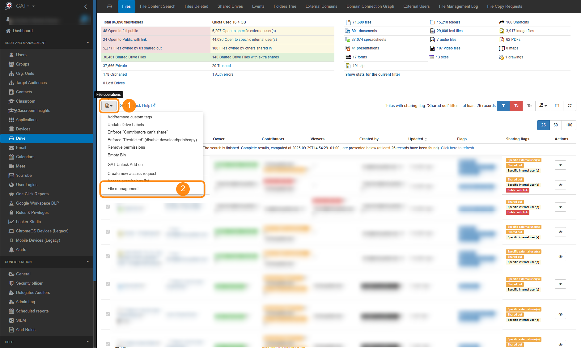 Screenshot of the GAT+ console showing the File operations menu for Google Drive files. The left navigation highlights Drive. The user has selected the File operations button (1), which opens a dropdown list of actions such as “Remove permissions,” “Enforce restrictions,” and “Update Drive labels.” The highlighted option is File management (2), which allows admins to configure bulk removal of external collaborators’ access rights. Below, a list of Drive files is visible with sharing flags like Shared out, Specific external user(s), and Public with link.