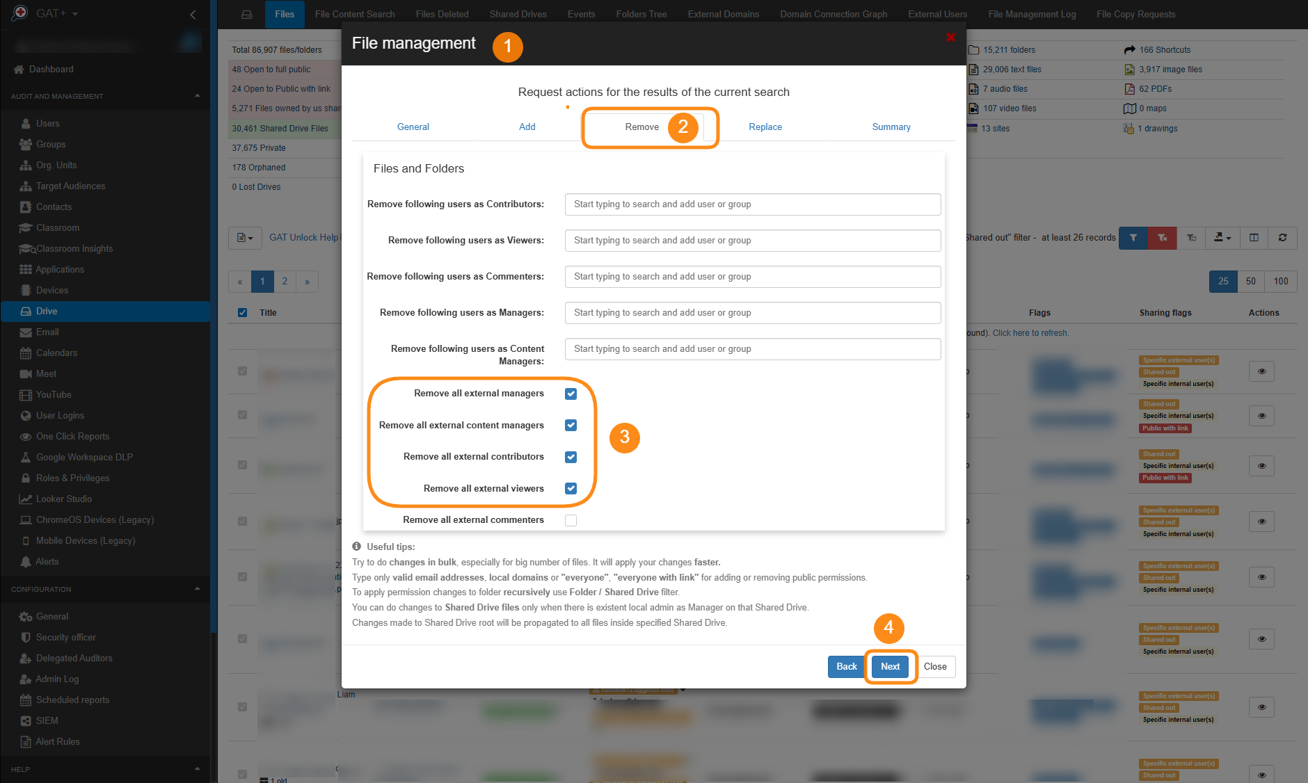 Drive File management configuration dialog box and the options to remove different type of external shares: Managers, Content Managers, Contributors (Editors), Viewers and Commenters. Next button is also displayed that allows moving on to the next configuration section.