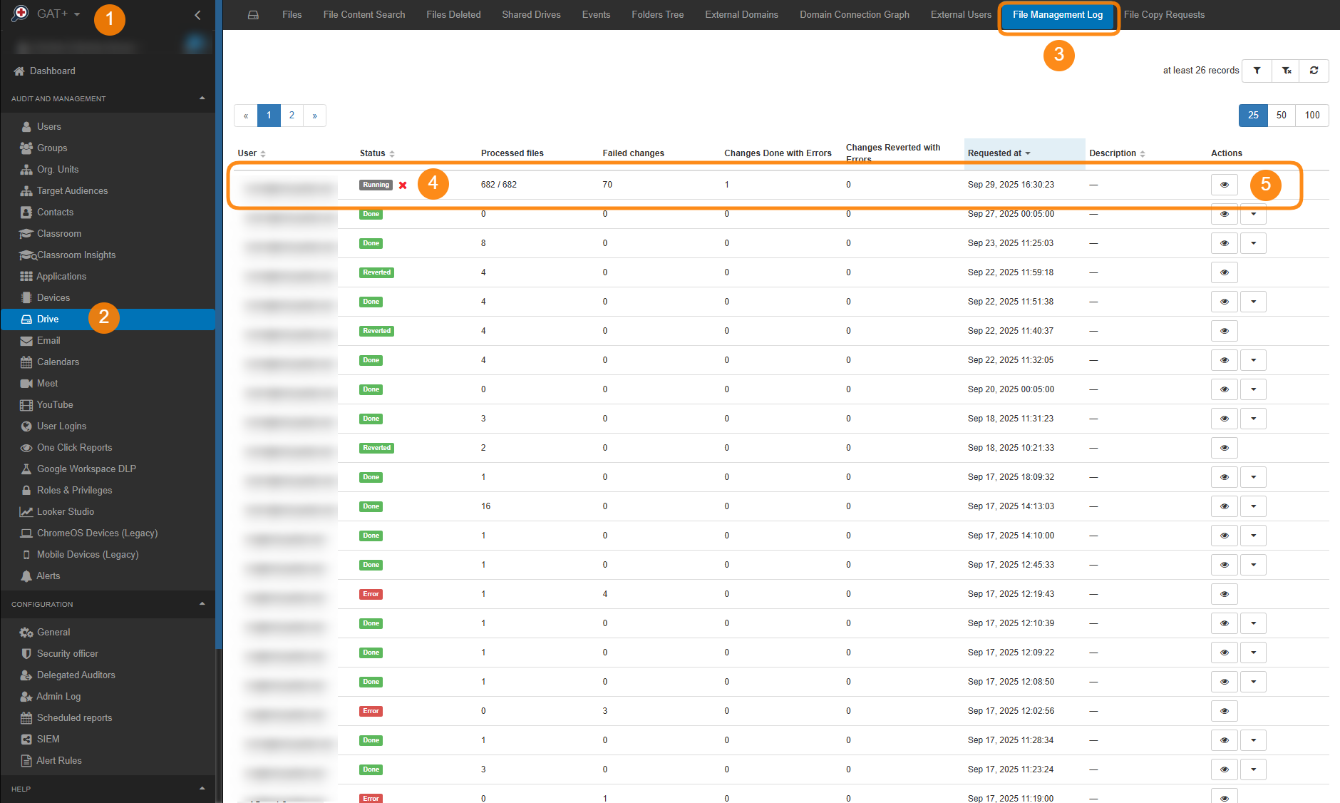 Drive File Management Log section where the status of the job can be reviewed in detail