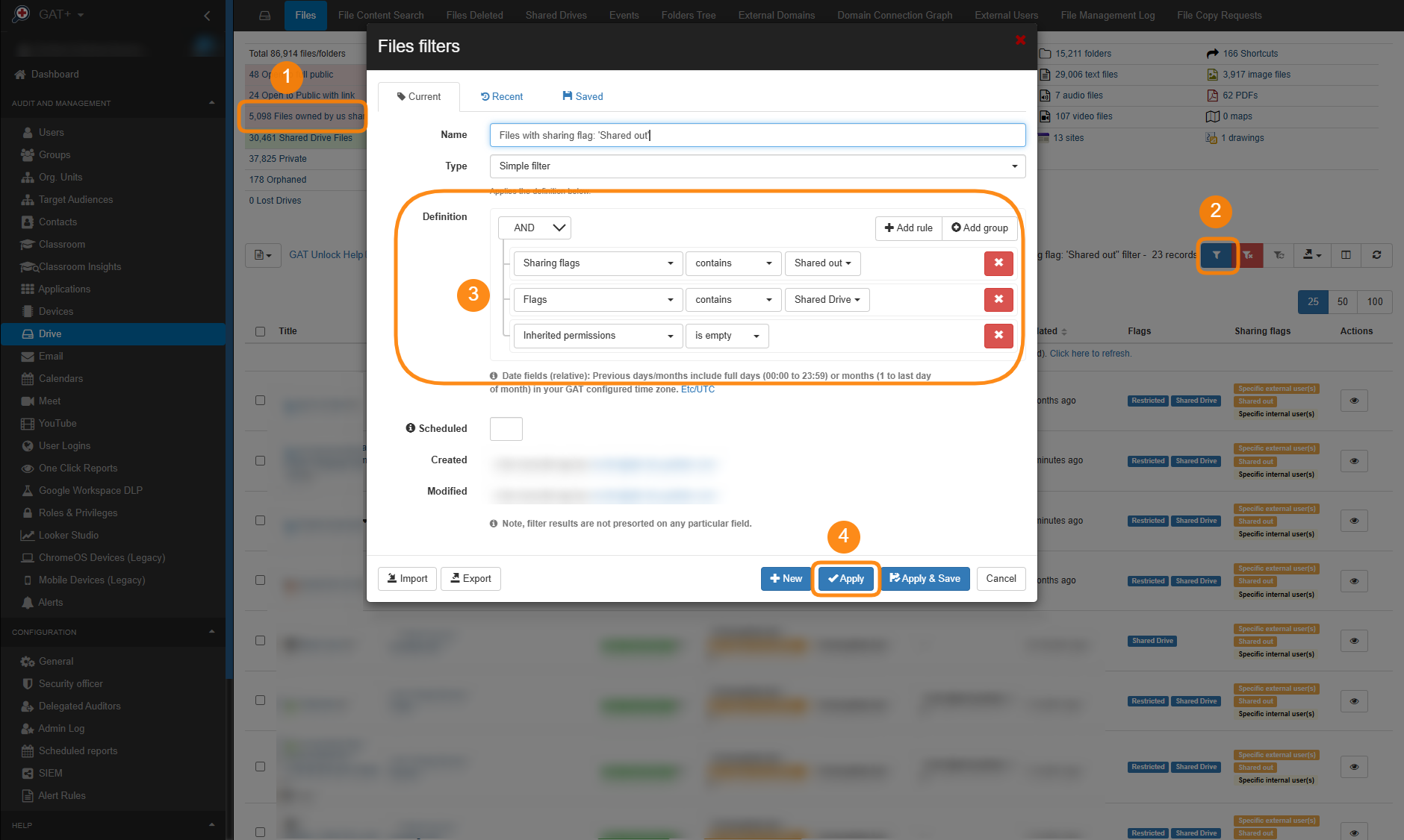 A filter example that retrieves Shared Drives with external , excluding inherited ones.
