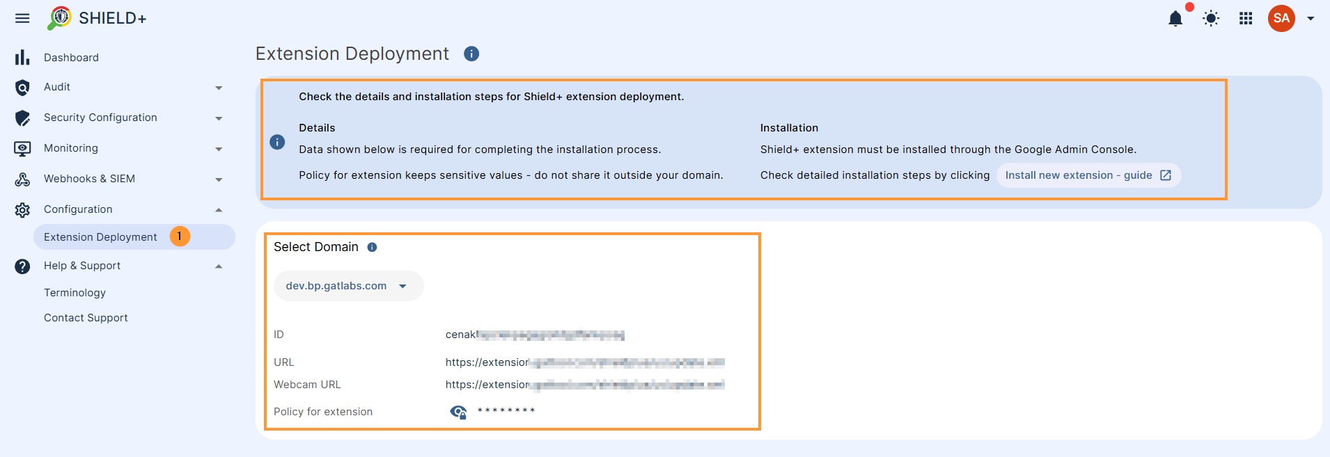 A screenshot of the GAT Shield+ > Configuration > Extension deployment screen. The image shows a table with columns including Extension Name, ID, URL, Webcam URL, and Policy, highlighting where to find and copy the required Extension ID, URL, Webcam URL, and Policy values for deployment in the Google Admin Console.