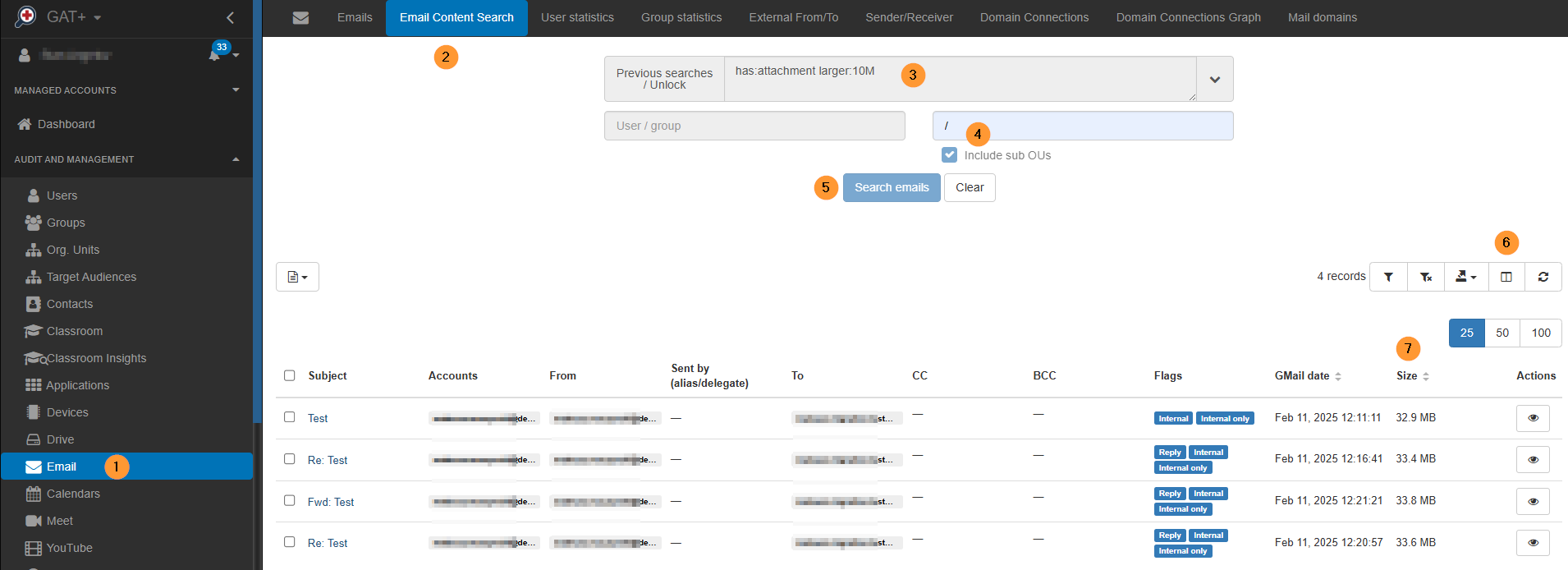 Steps to search for emails with large attachments in GAT+ Email Content Search: Navigate to GAT+ > Email > Email content search. In the search field, enter the parameter has:attachment larger:10M. Specify the User, Group, or Org. Unit to search. Click the Column visibility button and enable Size to display attachment size in the results.