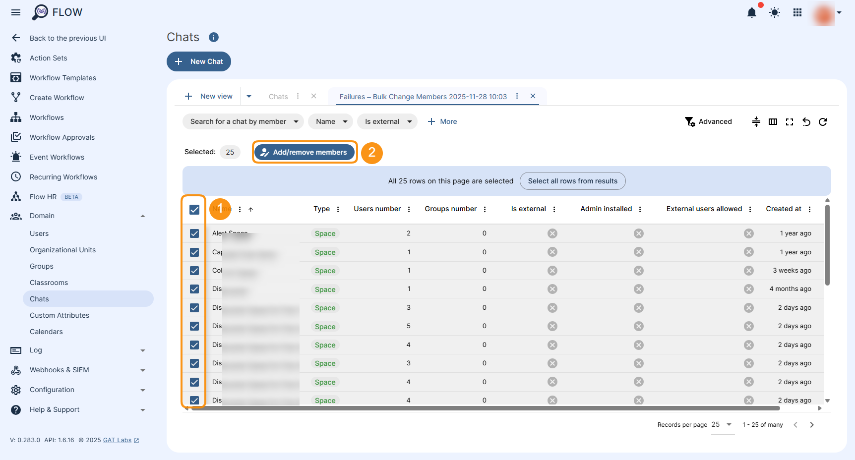 The "Add/remove members" button is displayed that allows making bulk changes to the Chat Spaces members list. 