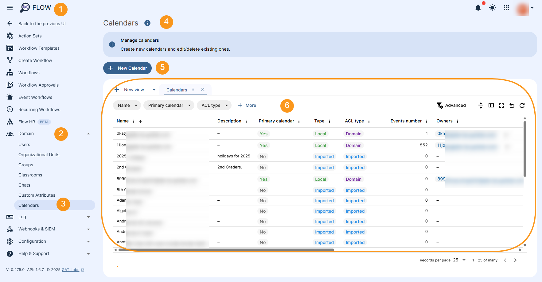 GAT Flow dashboard showing the Calendars module. The table with all Calendar records in displayed as well as the "+ New Calendar" button.