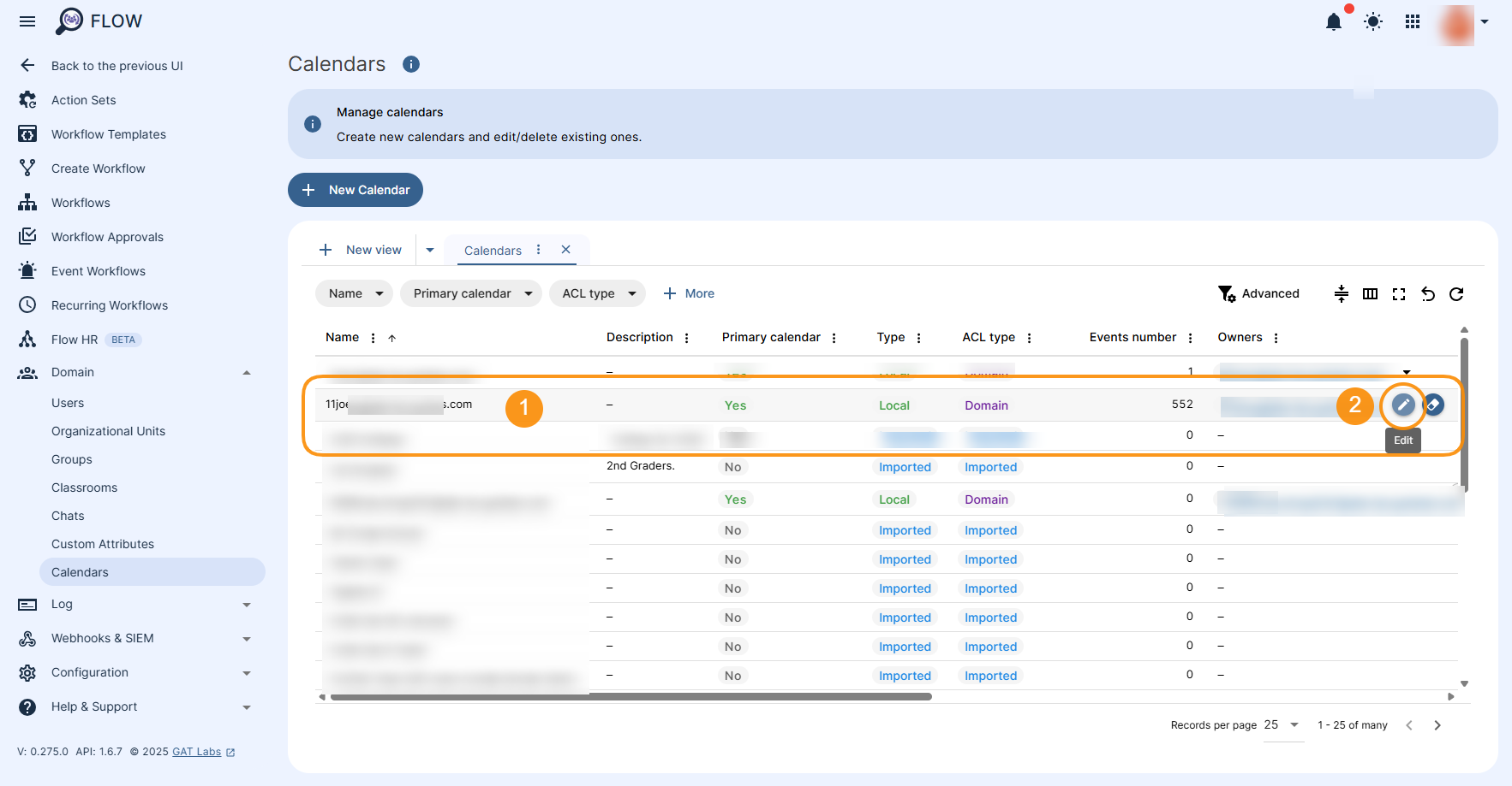 GAT Flow dashboard on the calendars module. Showing how to manage Calendars and the Edit button.