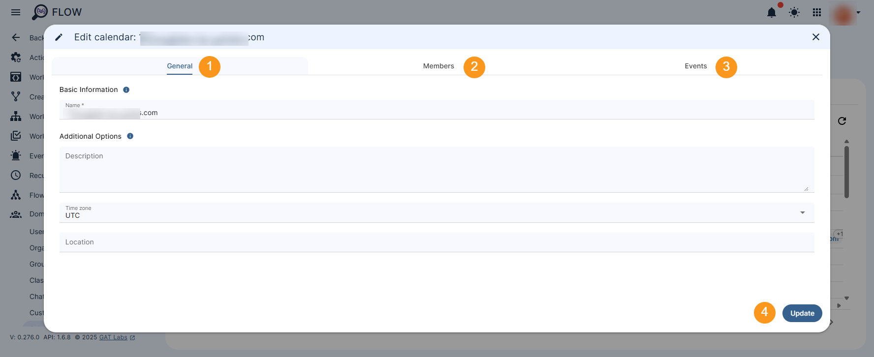 Calendar Edit window is displayed and shows General, Members and Events sections that are editable. The "Update" button is shown that allows to save applied changes.