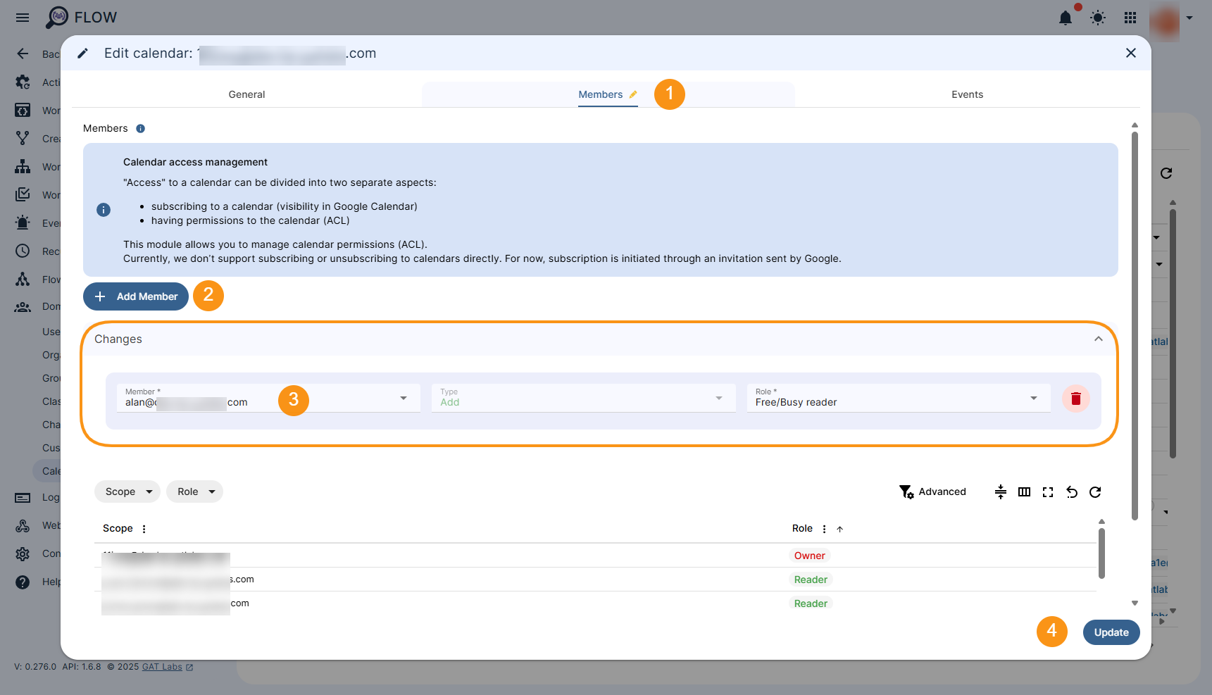 Calendars Members section is displayed and shows how to amend Calendars access permissions. The "Update" button is displayed and allows saving all the changes applied.