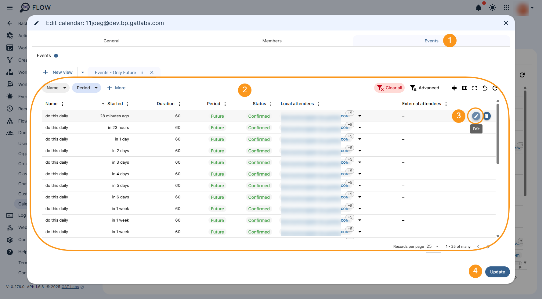 Calendar Events section showing all the existing events for a given Calendar. The "pencil" icon is shown that allows editing the Event records. The "Update" button is displayed and allows saving all the changes applied.