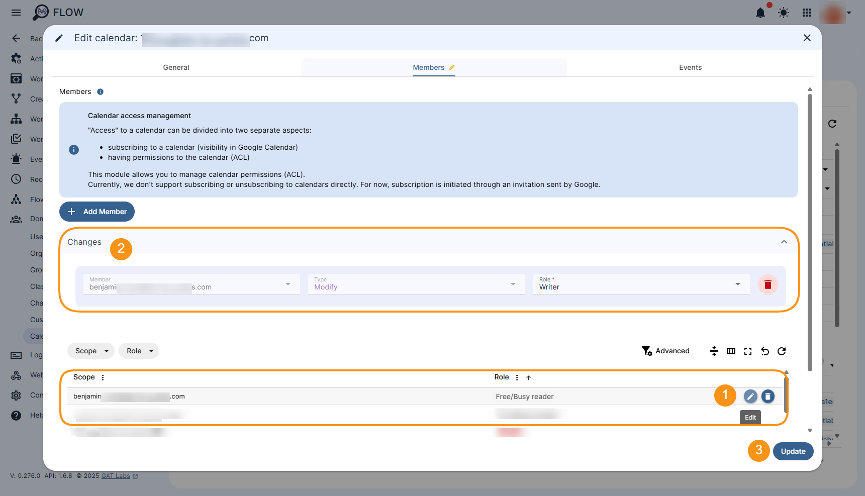 Image showing the Calendar Members section that allows editing the access rights to the Calendar for the existing scope. The "Update" button is displayed and allows saving all the changes applied.