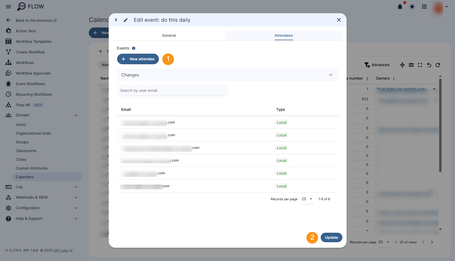 Event Attendees section is displayed and allows updating the event attendees list by clicking on displayed "+ New attendee" button. The Updated button is displayed and allows saving all the changes applied.