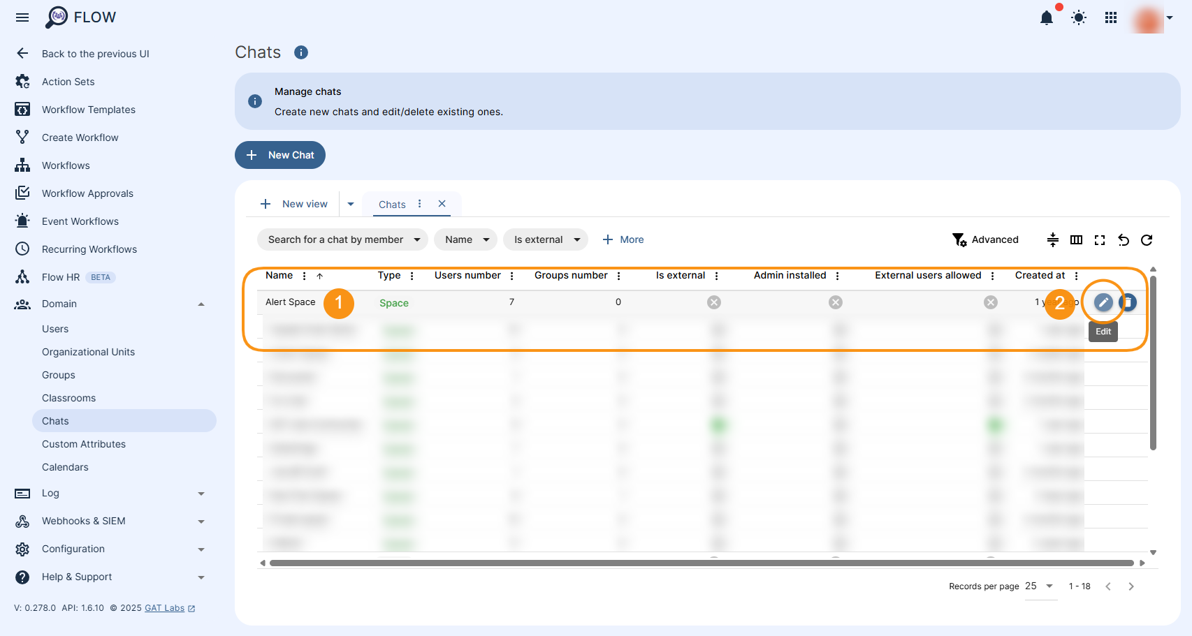 GAT Flow dashboard on the Chats module. Showing how to manage Chats and the Edit button.