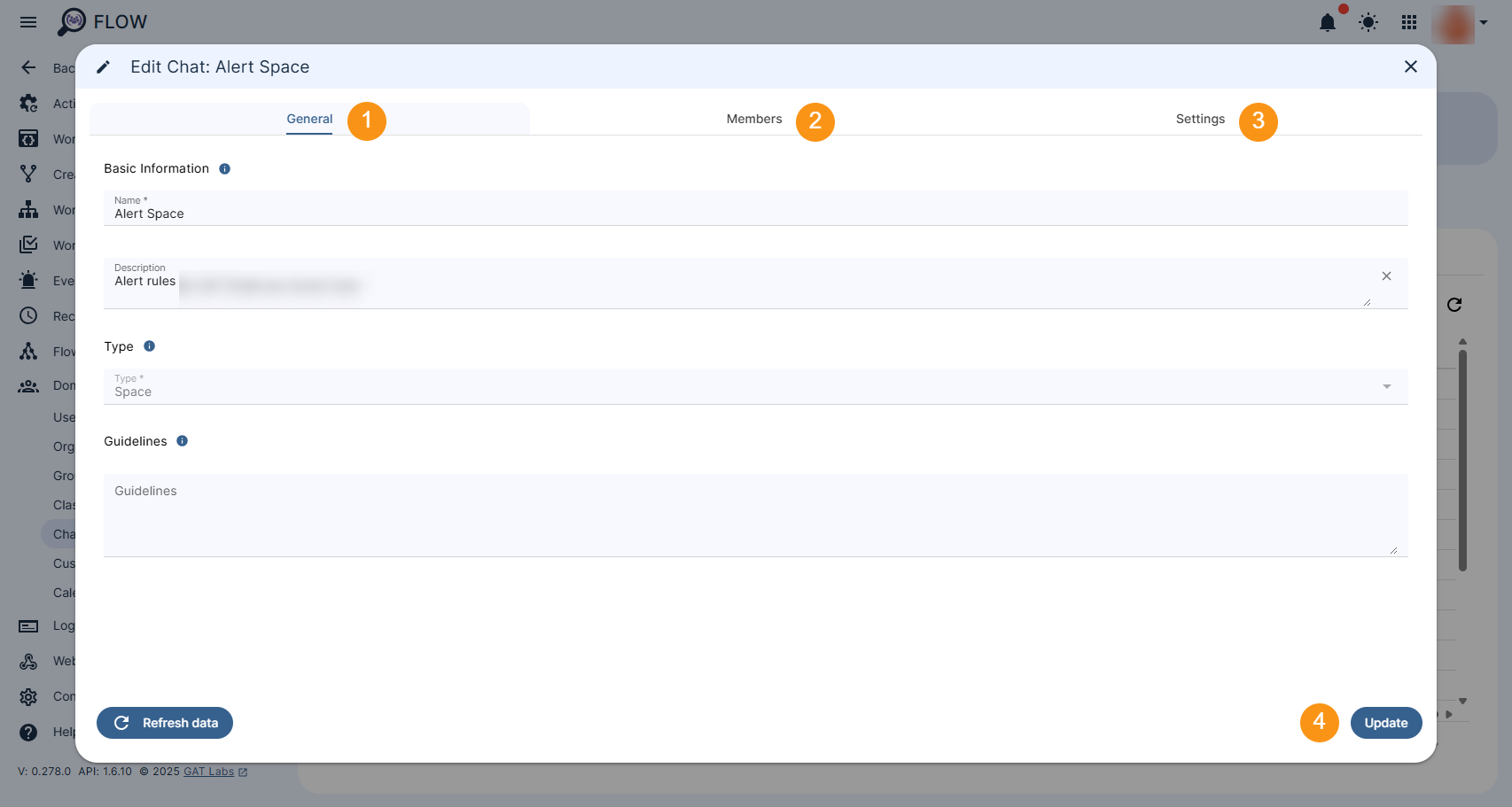 Chat Edit window is displayed and shows General, Members and Settings sections that are editable. The "Update" button is shown that allows to save applied changes.