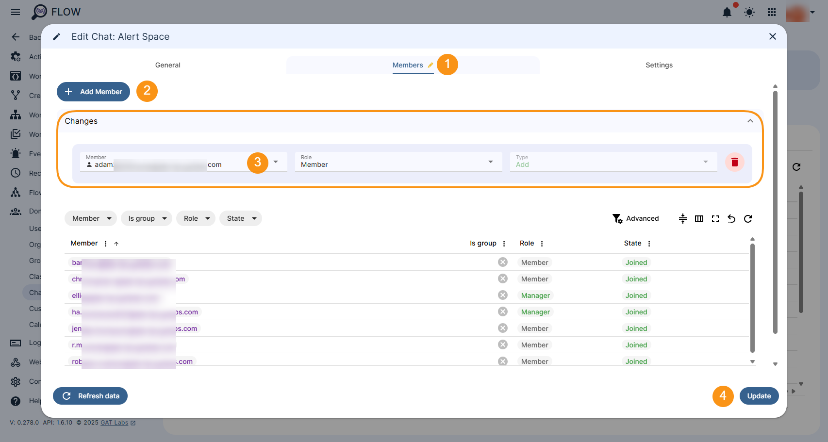 Chat Members section is displayed and shows how to amend Chat membership. The "Updated" button is displayed and allows saving all the changes applied.