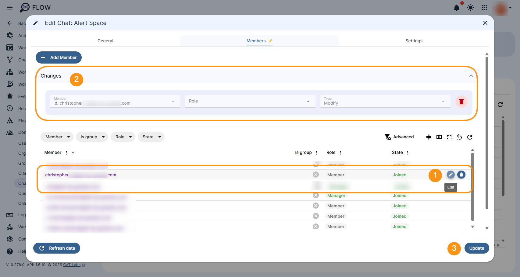 Image showing the Chat Members section that allows editing the membership list for the existing Chat. The "Update" button is displayed and allows saving all the changes applied.