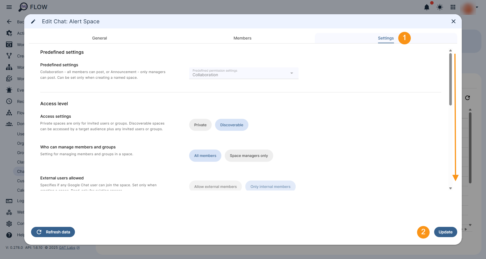 Chat Edit window showing the Settings that can be edited. The "Update" button is shown that allows saving the changes made.