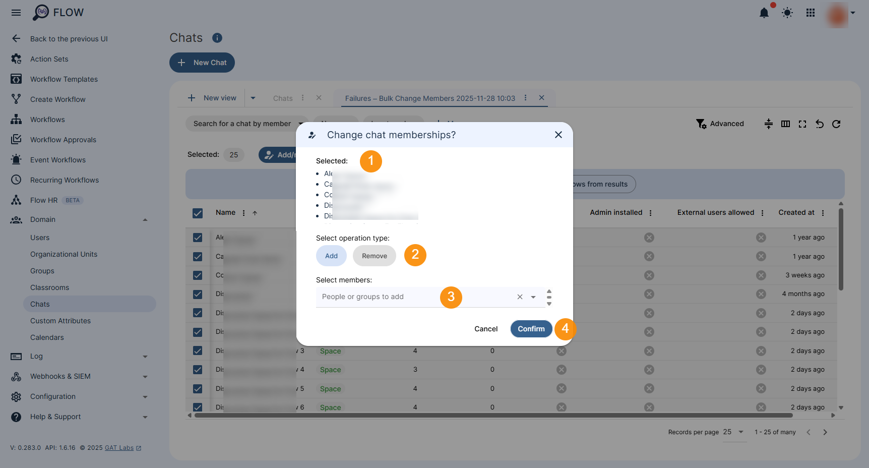 "Change chat membership" window is displayed, and the Add and Remove members button. Also, the Confirm button is show to save all the changes applied. 