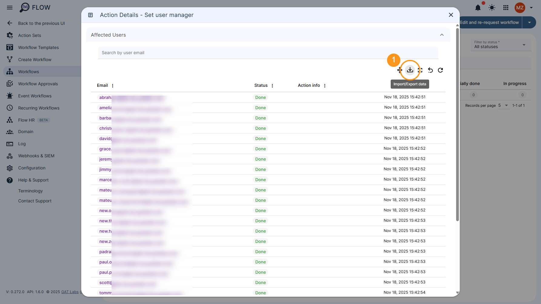 Action Details section showing list of affected users, status of the job for each user's account, more information about each individual job, date, and the option to EXPORT the results.