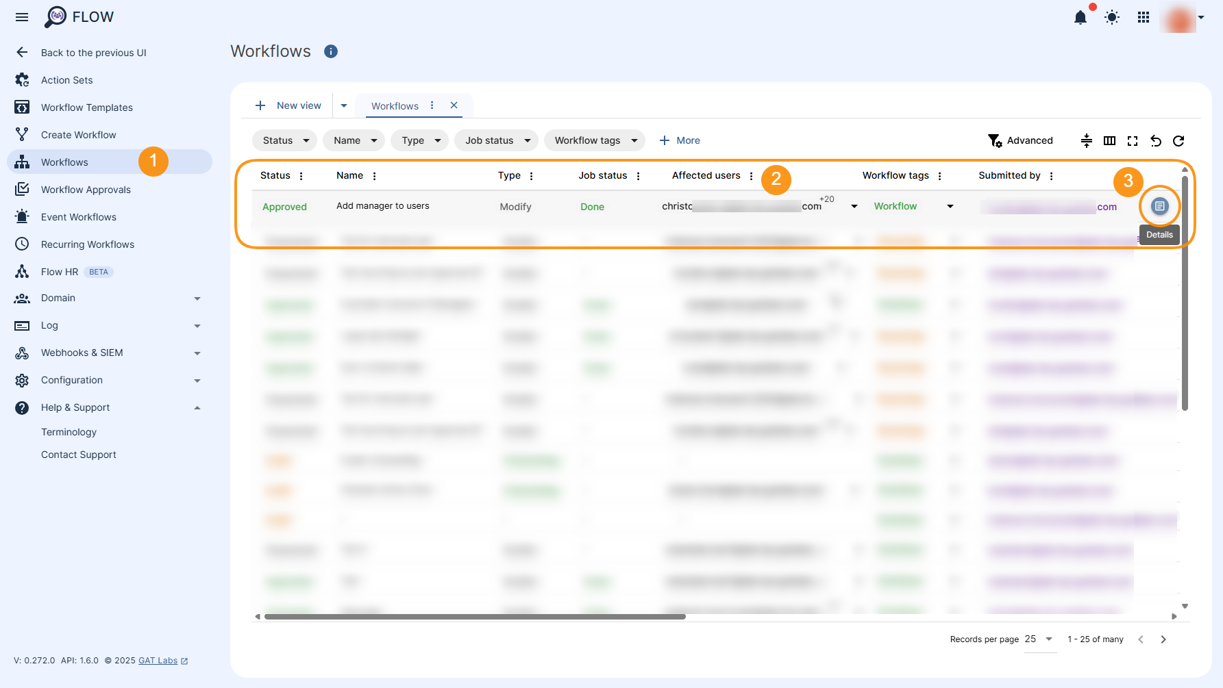 GAT Flow Workflows section showing how to see the details of the workflow including its results. "Details" icon is displayed and allows detail review of the workflow.