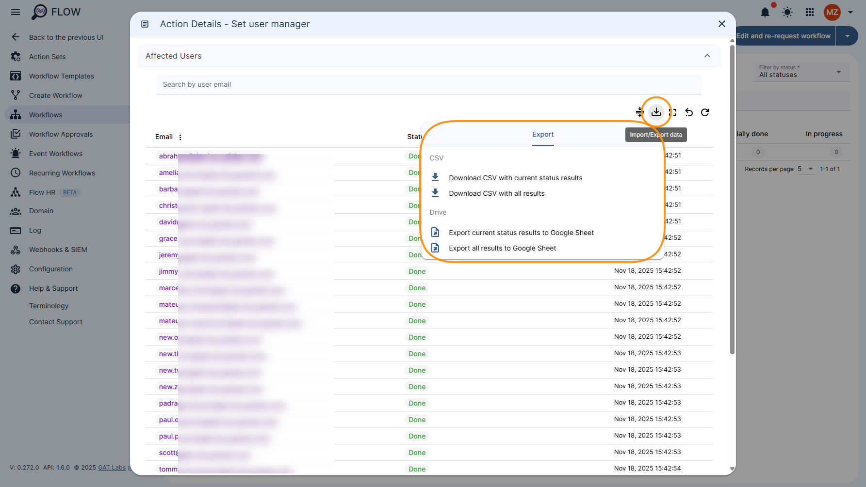 Export button showing the list of the exporting options available that are as follows: Download CSV with current status results, Download CSV with all results AND Export current status results to Google Sheet, Export call results to Google Sheet.