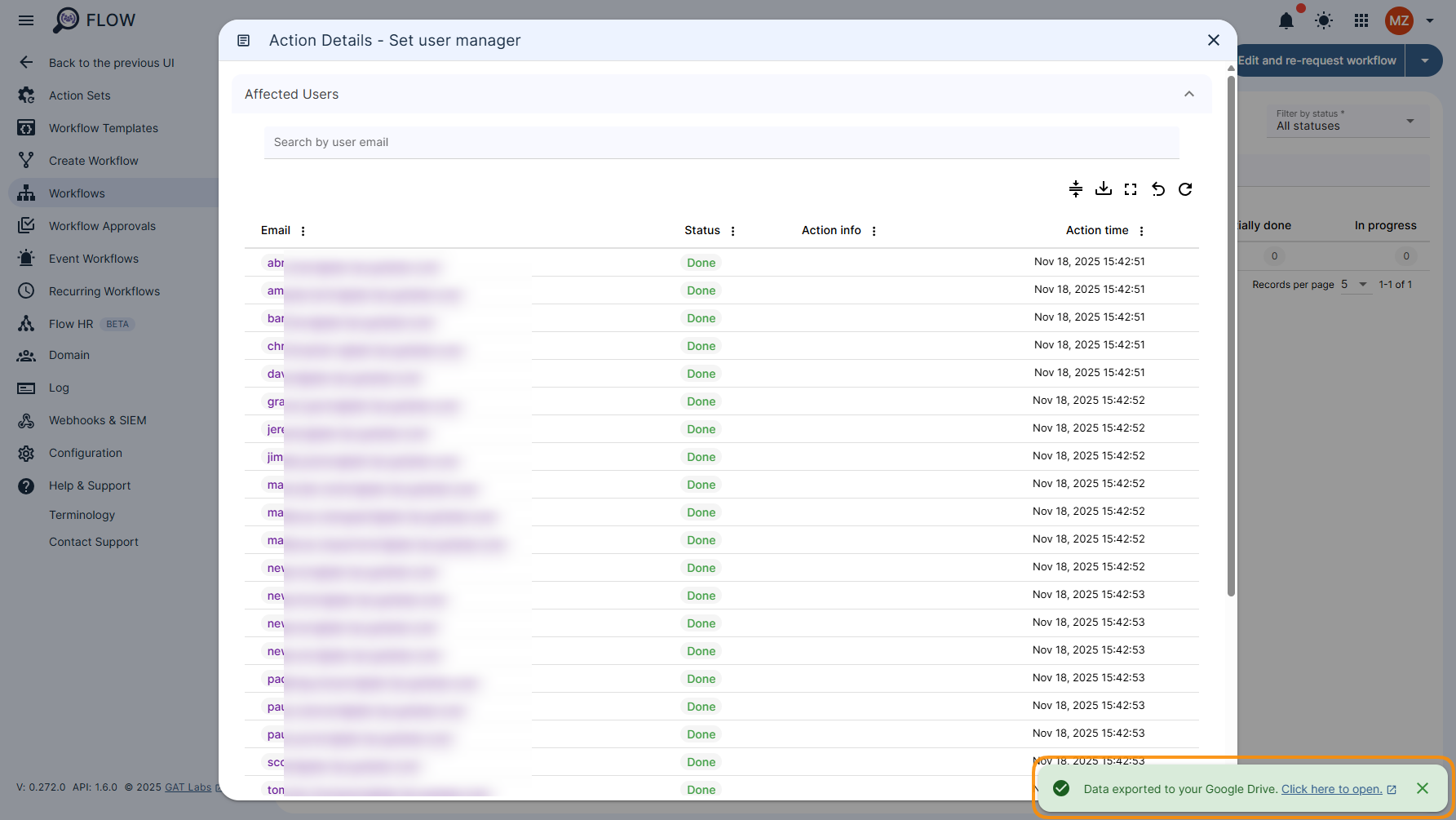 Notification info banner showing that the export is completed and the document with the results can be accessed when clicking on the hyperlink provided in the notification itself.