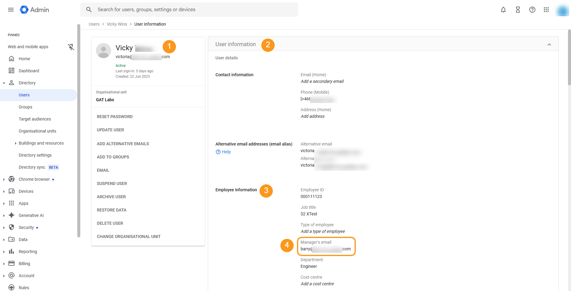 Google Admin console displayed User Information section that shows user's Manager email address. 