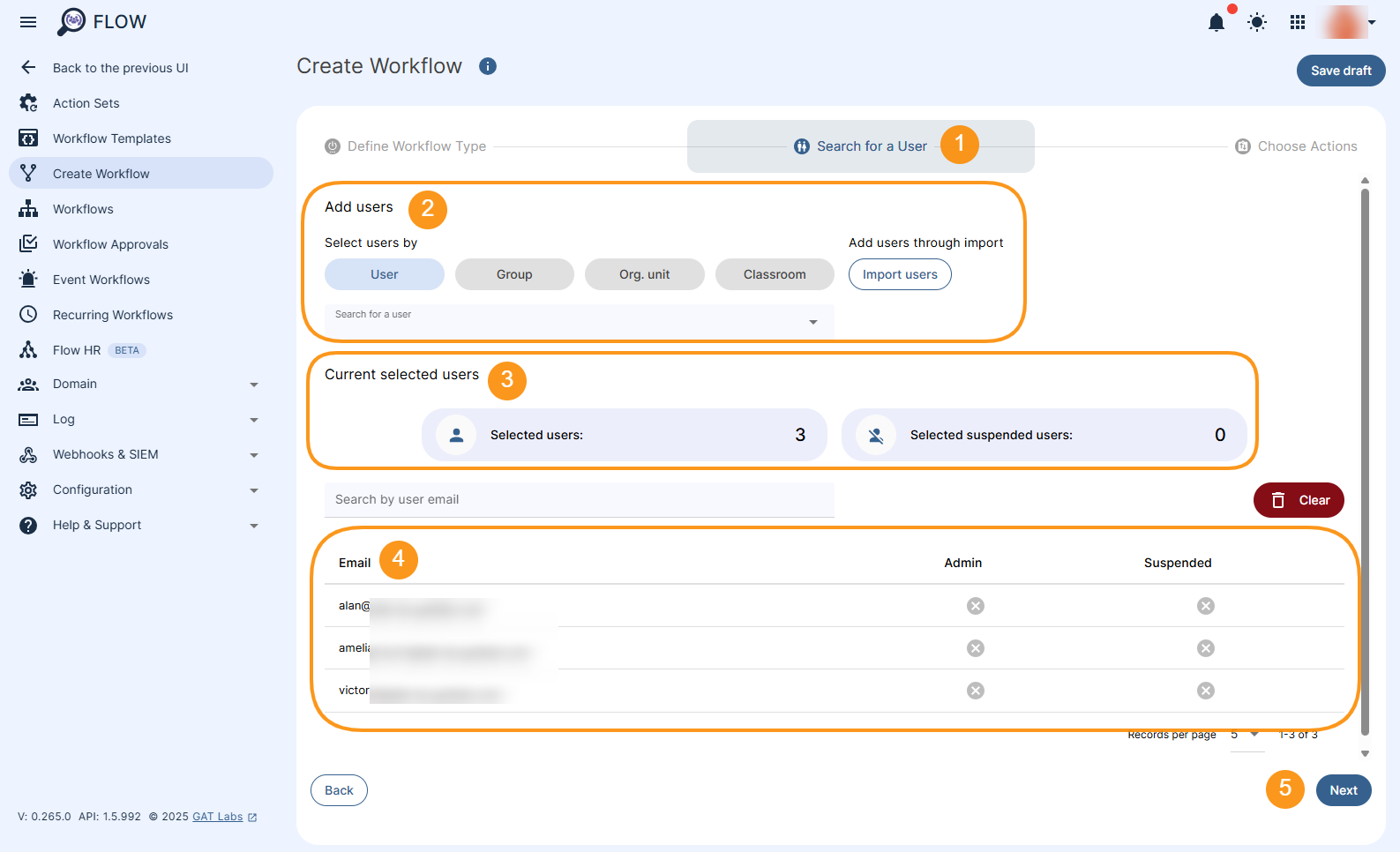 "Search for a user" section is displayed and allows for selecting individual user(s), group of users, org units or import users to the workflow. "Next" button is displayed and allows to continue. 