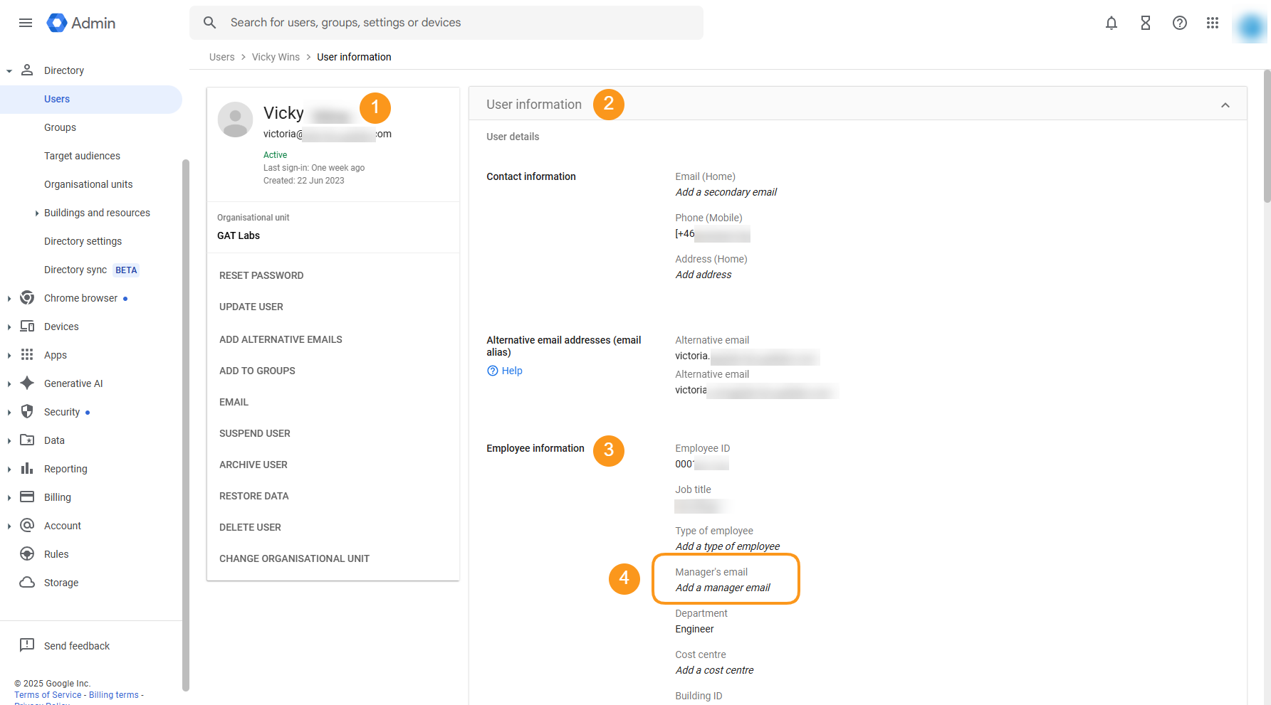 Google Admin console showing the Users information section without Manager email address. 