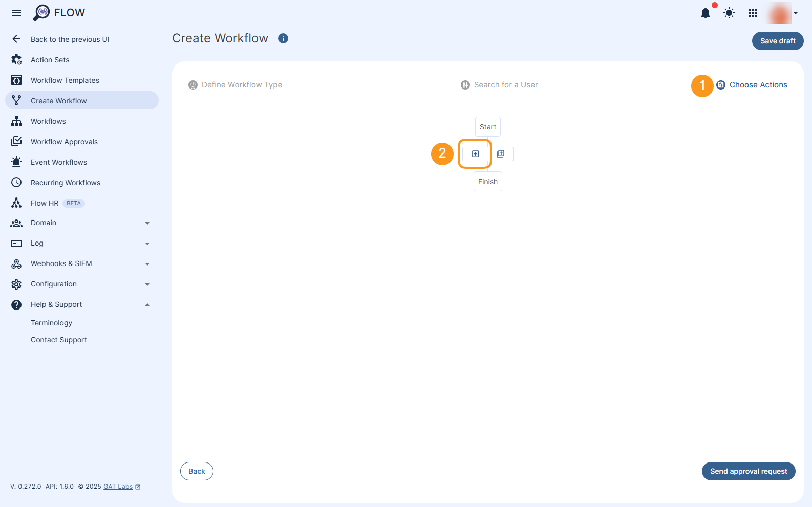 "Add action" button is displayed and allows building up the set of actions for the workflow.