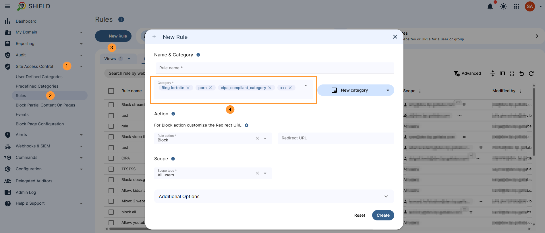Navigate to GAT Shield > Site Access Control > Rules Click on the + New rule button to create a new category and add all the categories you want combined.