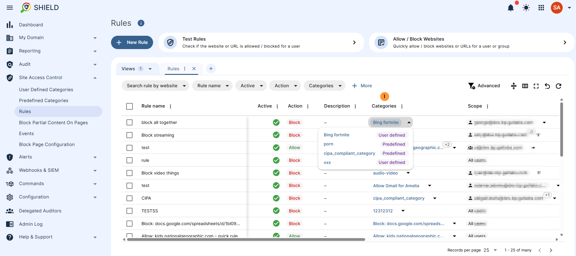 in SAC you will see the rule applied with all the categories of sites combined